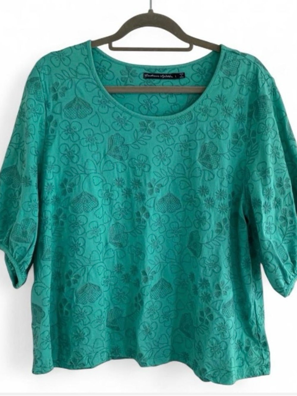 Gundrun Sjoden Green Floral Embroidered Blouse Boho Cottagecore Women’s Sz L